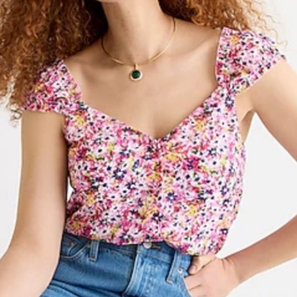 J. Crew Cap Sleeve Crinkle Chiffon Tank Top Floral Fields